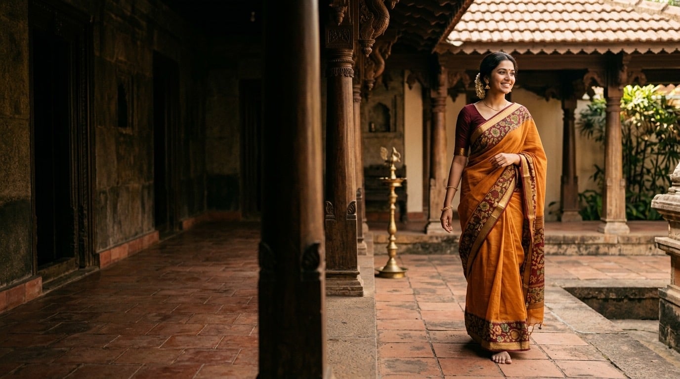Woman in a mustard cotton blend saree with a printed border walking through a sunlit courtyard