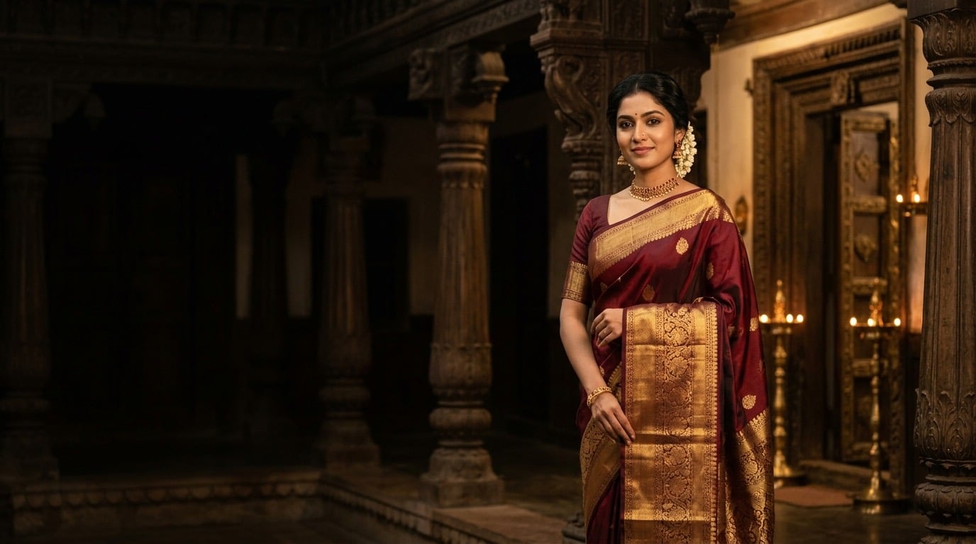 Woman in a deep maroon silk saree with a wide gold zari border, standing in a softly lit heritage hall