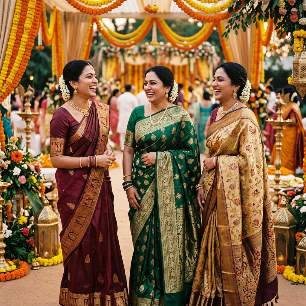 Women in silk sarees at a festive wedding ceremony with marigold decor