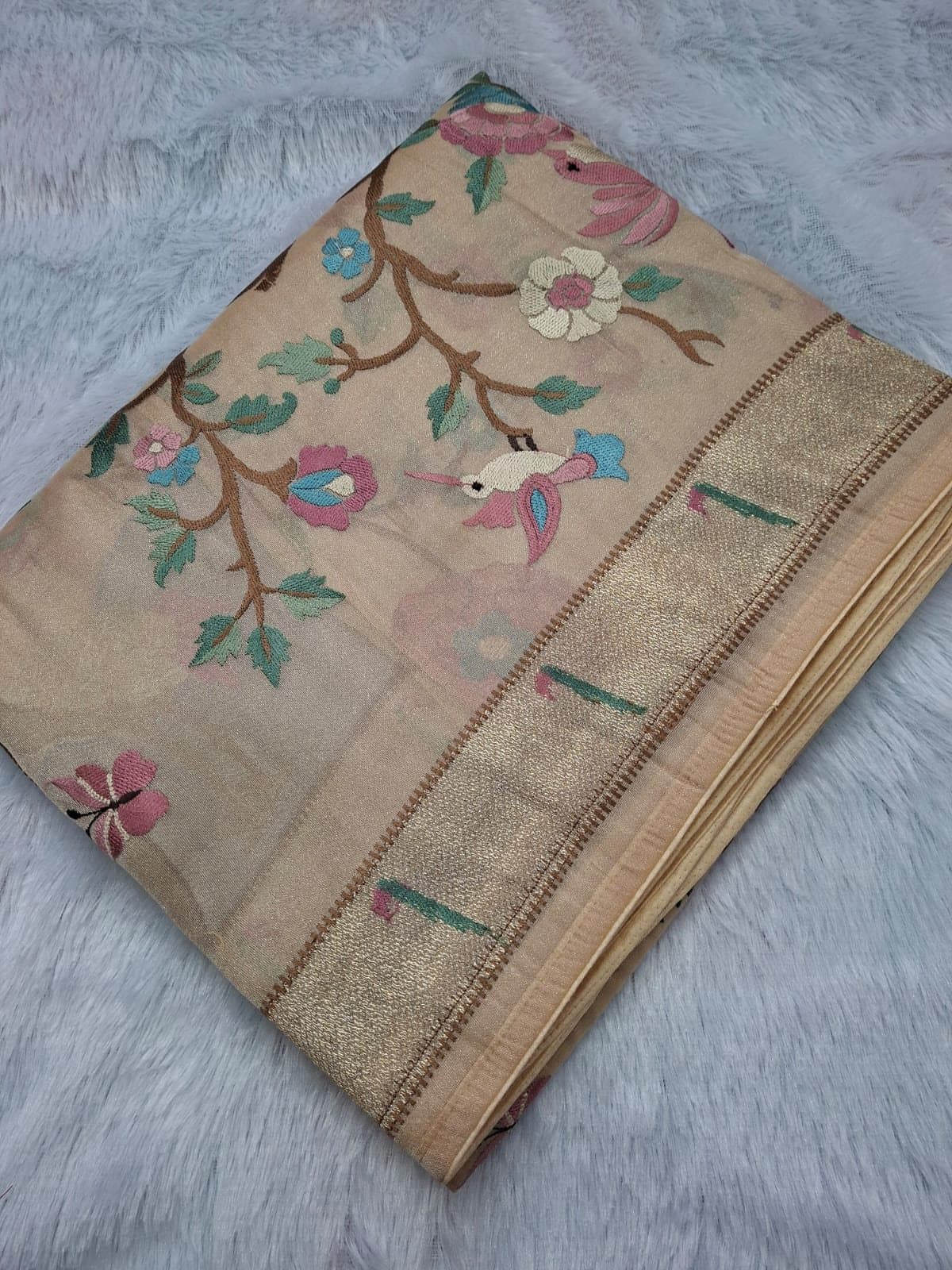 Beige Pure Tissue Saree with Bird & Tree Embroidery — folded