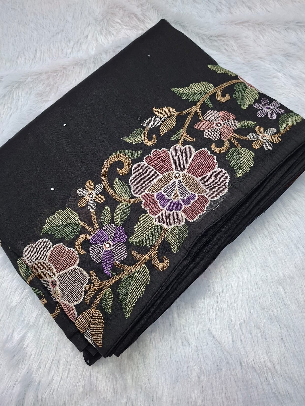Black Pure Tissue Saree with Floral Embroidery — folded