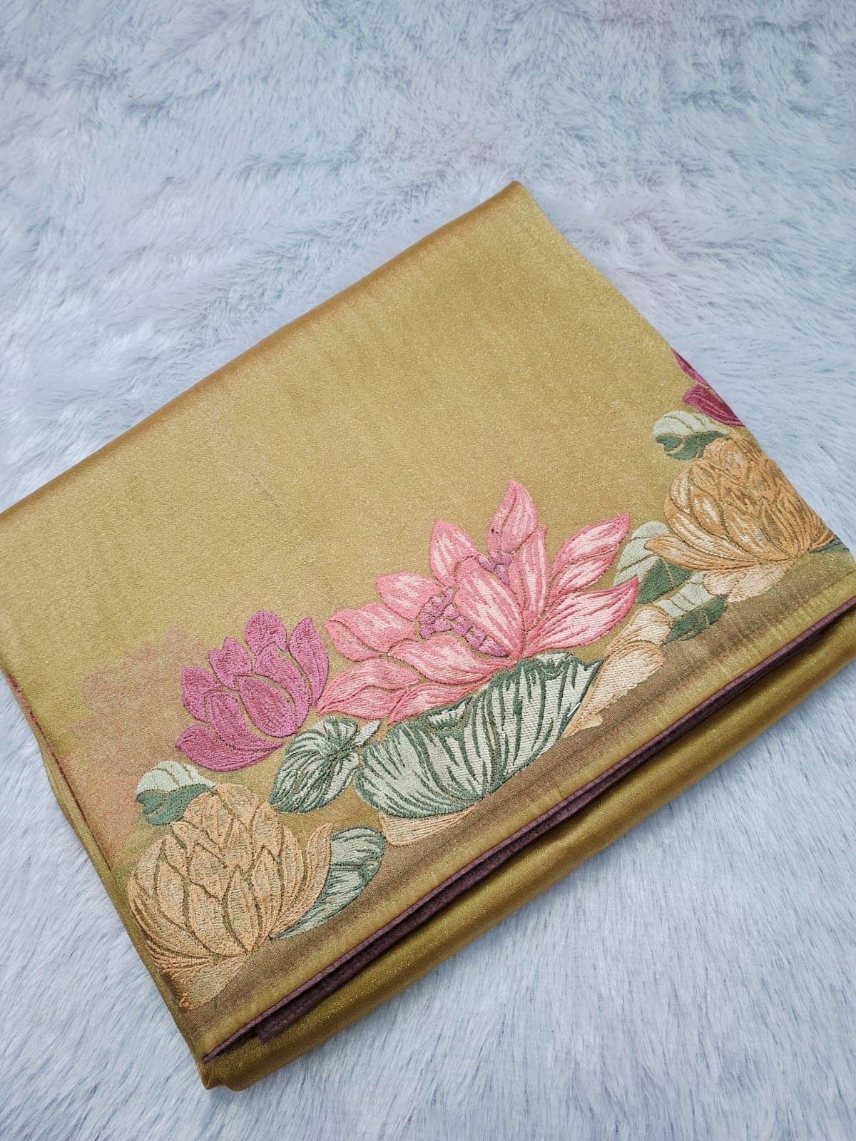 Gold Pure Tissue Saree with Lotus Embroidery — folded