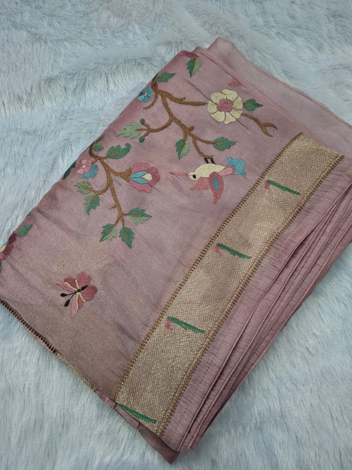 Mauve Pure Tissue Saree with Bird & Tree Embroidery — folded