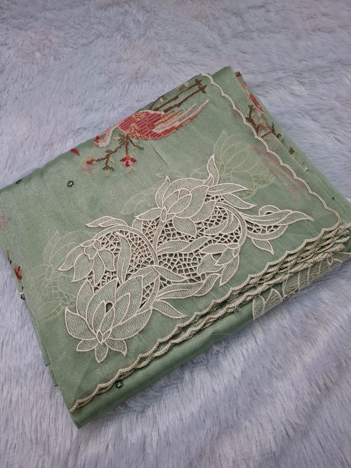Mint Pure Tissue Saree with Cut Work & Cross-Stitch — folded