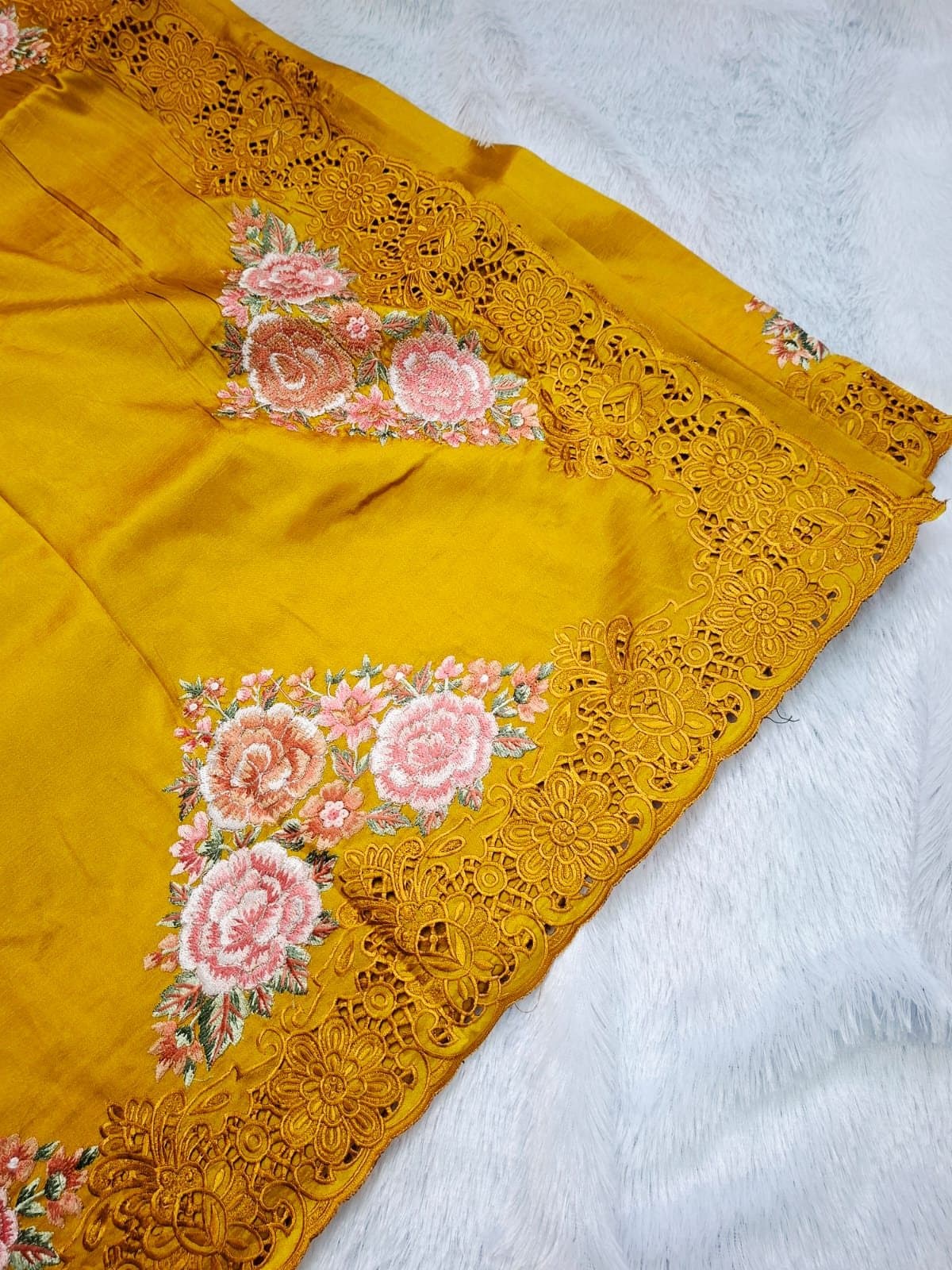 Rose embroidery on mustard pure raw silk