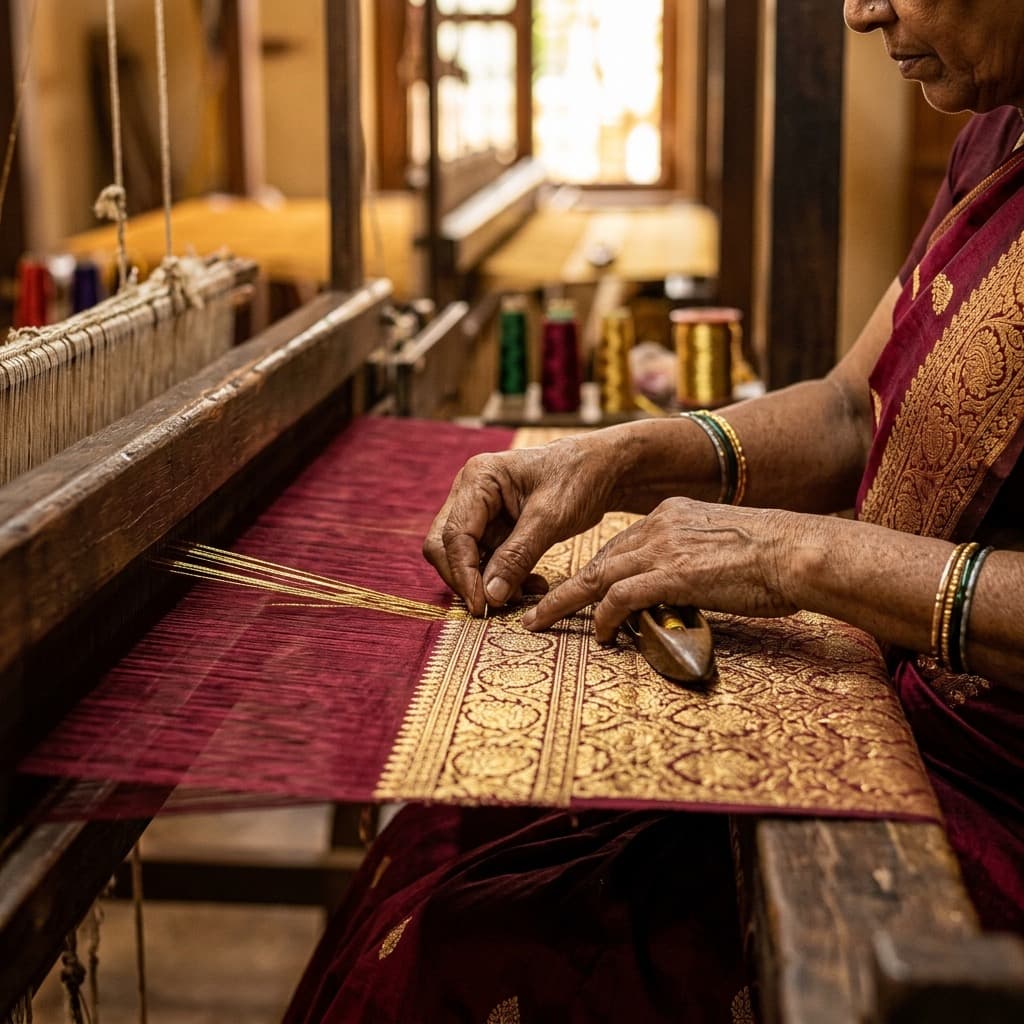 Hands guiding gold zari threads on a wooden handloom